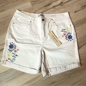 Embroidered White Denim Shorts
